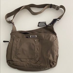 Tumi brown olive nylon crossbody bag